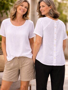 FLAX White Linen Short Sleeve Blouse Relaxed Fit